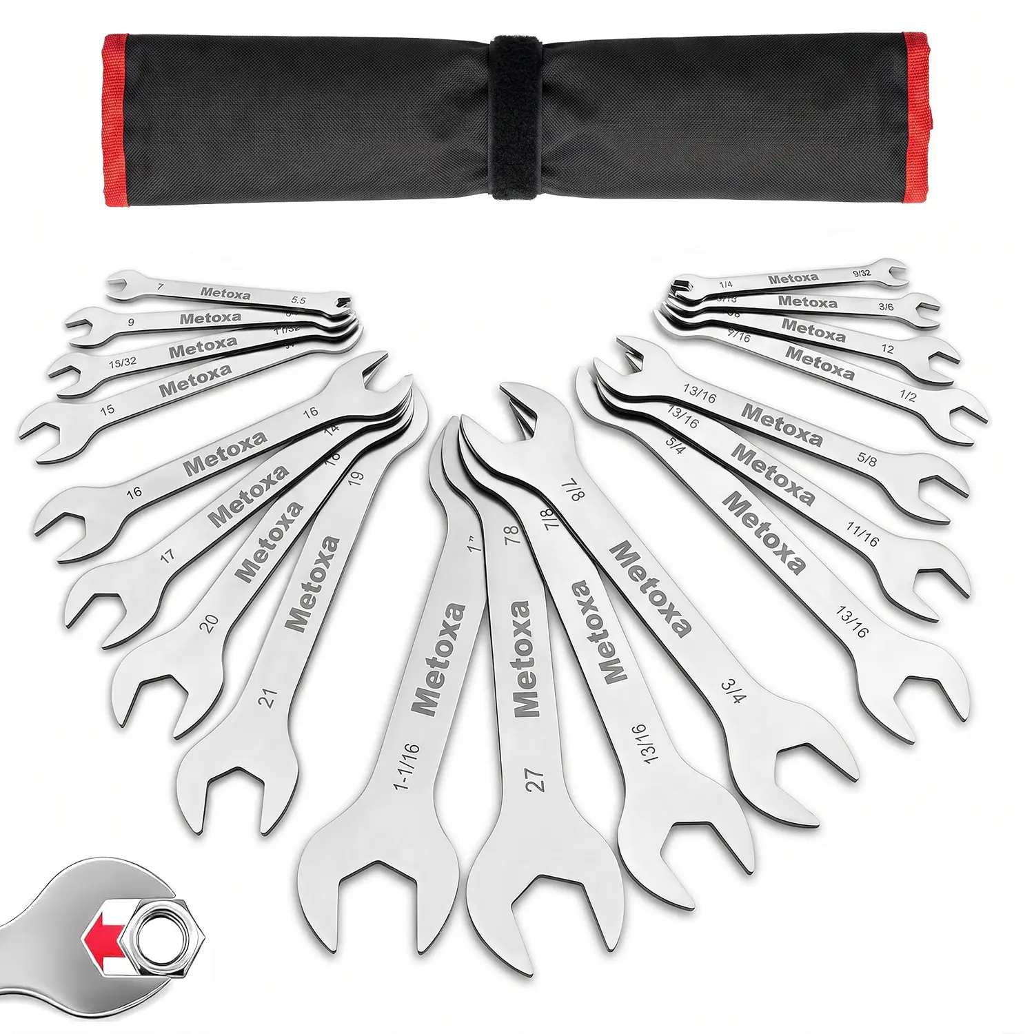 METOXA 19-Piece Ultra-Slim Open-End Wrench Set, 3mm Super Thin Spanners with Rolling Pouch, SAE & Metric Sizes, Ideal for Tight Spaces, Automotive Repairs