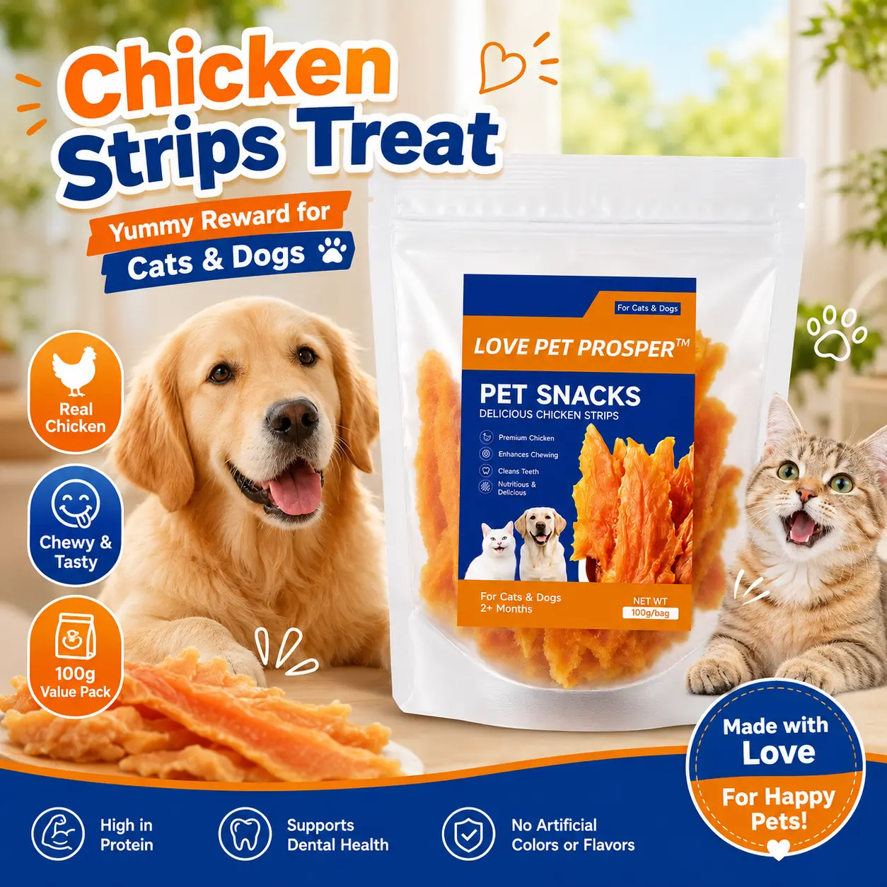 LOVE PET PROSPER Pet Chicken Strips Treats for Dogs and Cats, Tasty Chicken Snack Sticks, High Protein Chewy Treats for Training, Rewards and Daily Feeding | COD