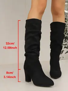 New Pointed Toe Fashion Women's Boots, French Style Tall Riding Boots, Wrinkled Over-The-Knee Long Boots, Stylish Velvet Chunky Heel High Boots, Fall Winter Footwear