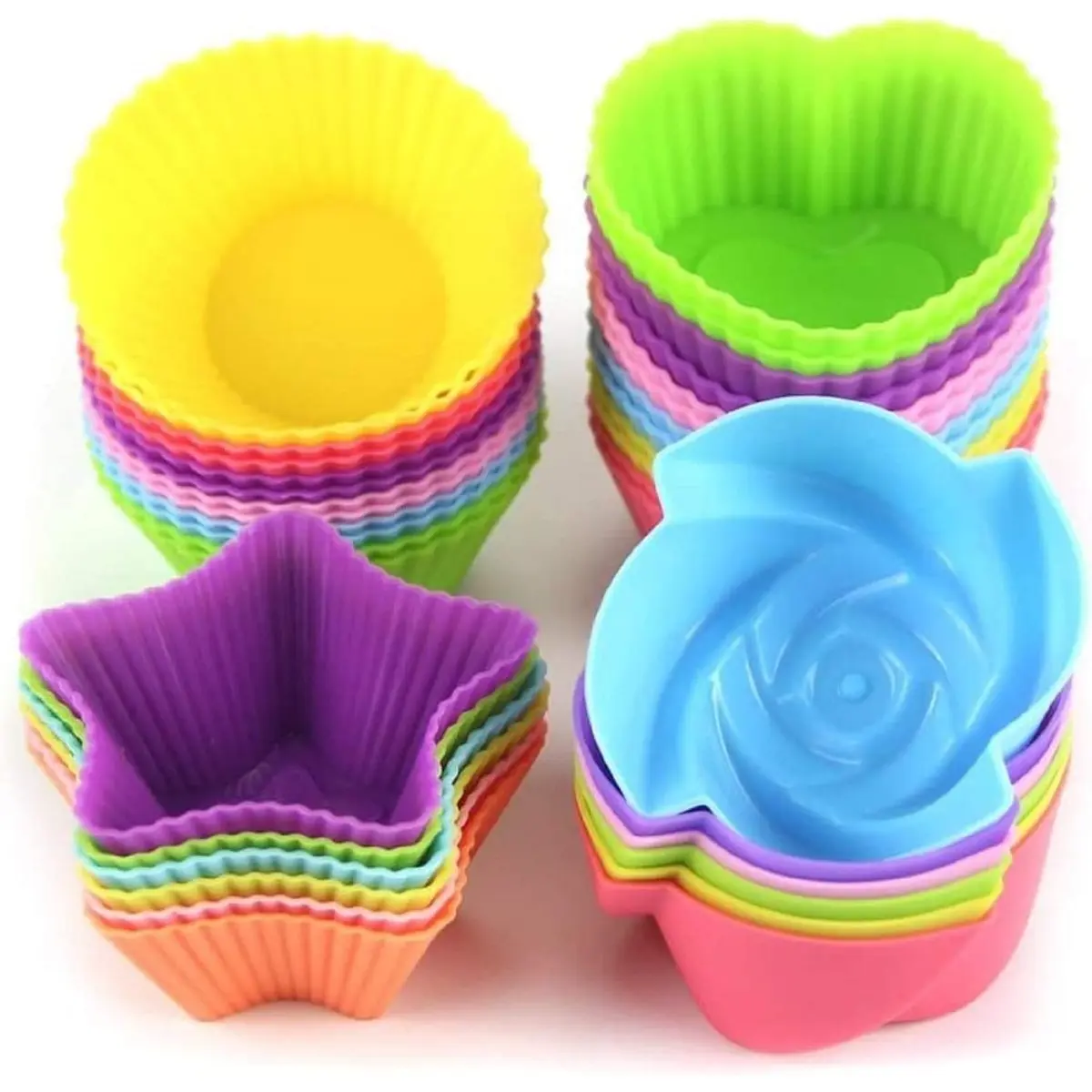 24 Pcs Silicone Baking Muffin Cup - Non Stick, Reusable in 4 Shapes: Round, Star, Heart, and Flower - Used for Baking Dessert Molds