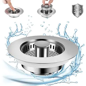 Stainless Steel Kitchen Sink Strainer Stopper Combo - 3-in-1 Pop Up Sink Drain Strainer for US Standard 3-1/2 inch Drain Filter, Anti-Clog