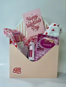 Valentine’s Day Envelope Gift Box – Sweet Cozy & Limited Edition with Lindt LINDOR Truffles Heart Socks Sanitizer Blush Pen Set
