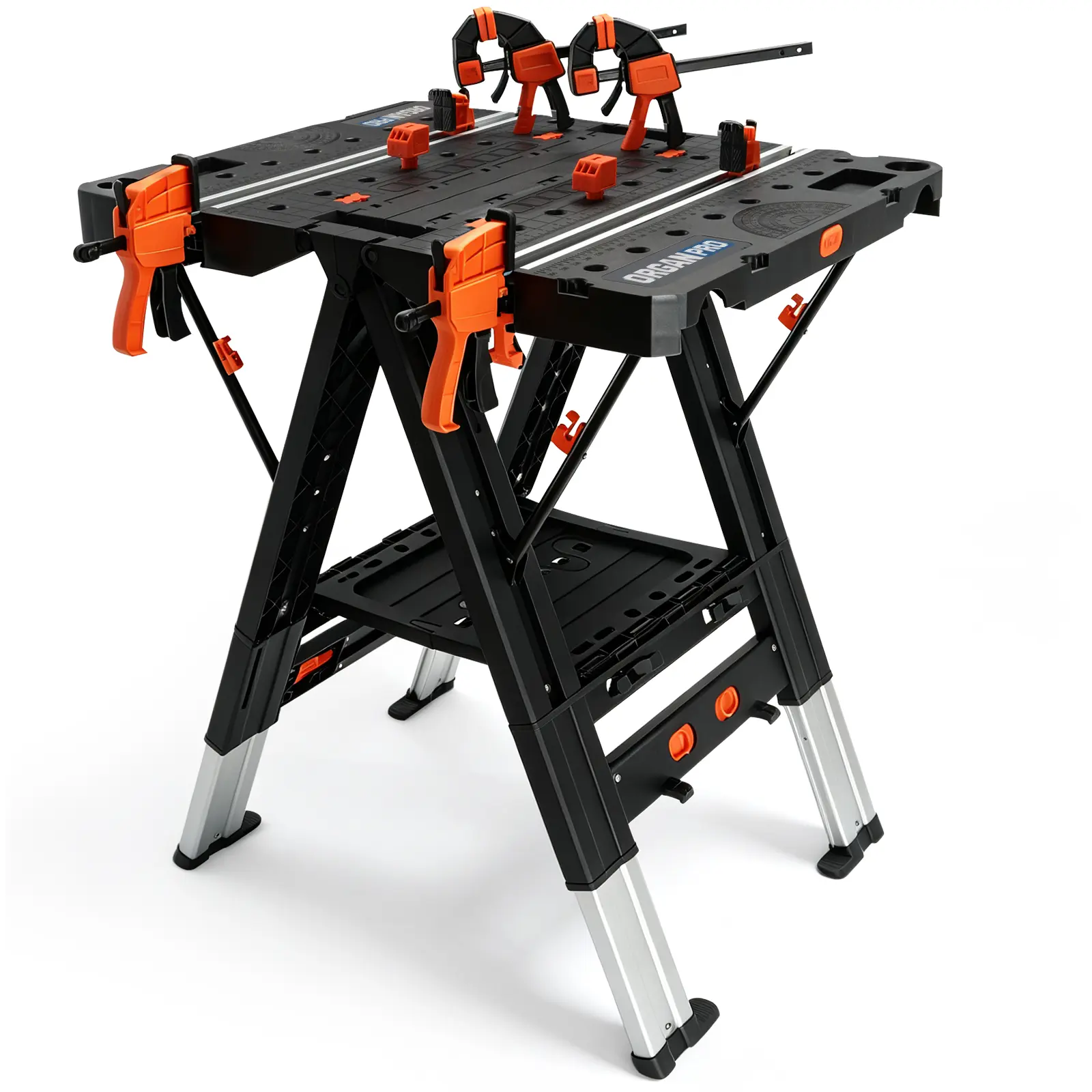 ORGANPRO Portable Folding Work Table,2-in-1 Sawhorse & Workbench,Waterproof Workbench with Extra Load Capacity with Woodworking Clamps, Connecting Blocks, Limit Blocks