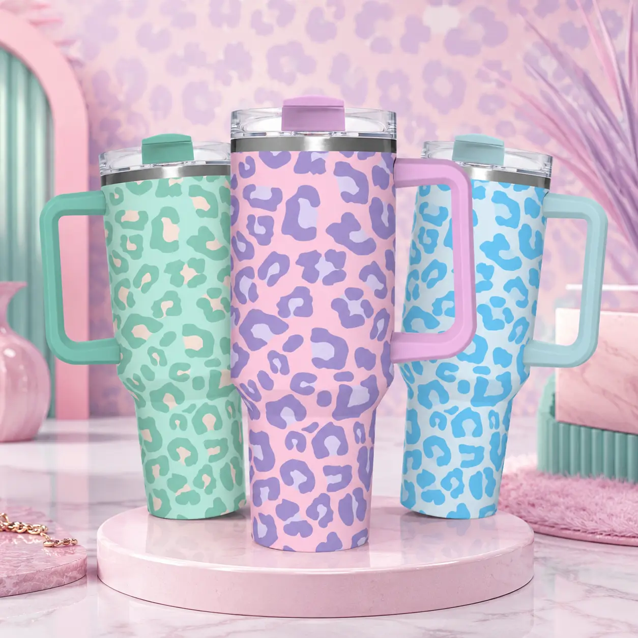 40oz Stylish Printed Leopard Travel Tumbler - Leak-Proof Insulated Vacuum Flask, Portable Coffee Drinkware with Straw Lid & Handle, Cup Holder Fit, Multiple Color Options