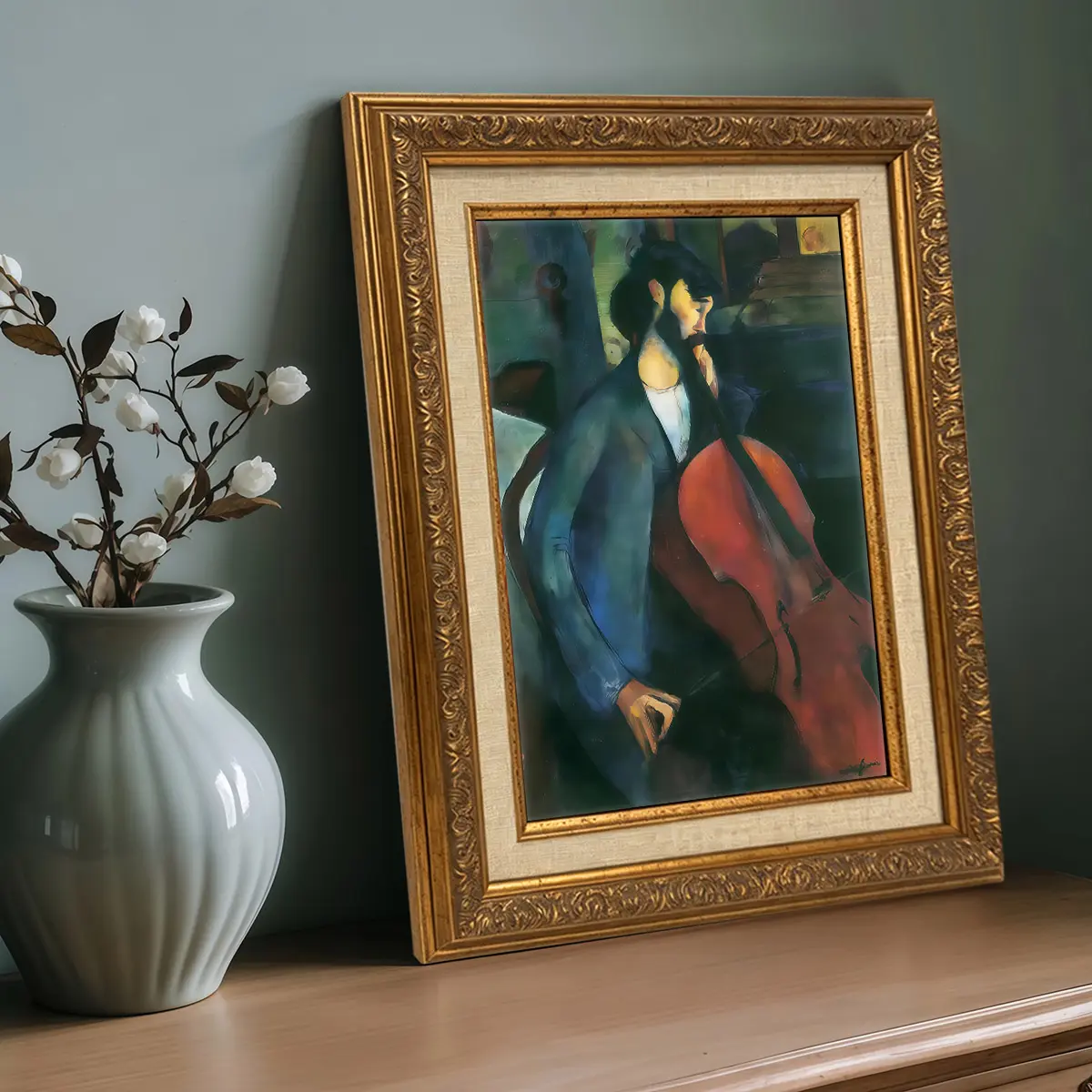 1 Count Vintage Gold Frame Canvas， Exquisite Vintage Painting Cello Player In Blue Suit Performing In Warm Light， Luxury Art， Fashion Decor， Suitable for Room Bedroom、Living Room、Home Corridor Wall Art， Gifts