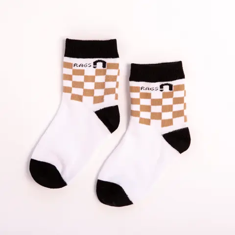 Kids Checkered Camel Toddler Crew Socks - Calf-High Coverage, All Seasons, Checkered Logo, Cute Expression, Comfy, Child Sizes, Everyday Casual Apparel