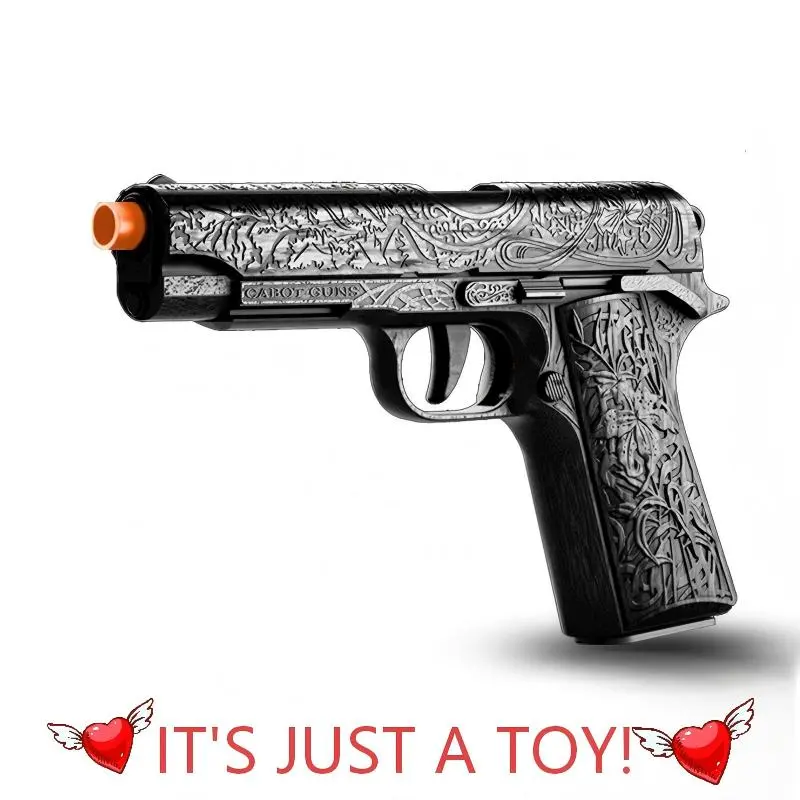 Vintage-style, intricately carved mechanical stress-relief toy model with simulated pop-up action; a desktop collectible ornament featuring a safety-colored orange projectile
