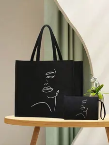 Abstract Line Face Pattern Handbag Set, Large Capacity Shoulder Bag, Reusable Burlap Shopping Bag, Travel Beach Bag, Perfect Gift