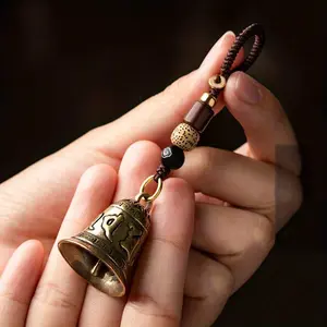 Vintage Brass Tibetan Buddhism Six-word Mantra Bell Keychains Lanyard Pendants Handmade Rope Car Key Chain Rings Hanging Jewelry
