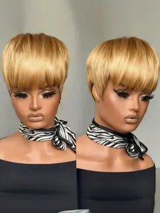 Short Bob Pixie Cut Wig with Bangs, Human Hair Blonde/, Machine-Made Straight Hair Wig, Stylish & Versatile Daily Wear