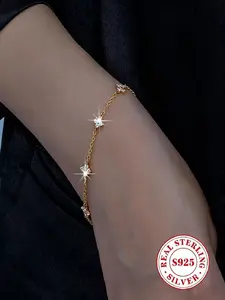 S925 Sterling Silver Fashion Simple Flower Cluster Zircon Bracelet, Exquisite Bracelet, Sparkling Cubic Zirconia Design,elegant Crystal Bracelet for Ladies, Suitable for Party and Casual Style, Daily Wear Jewelry Gift, Elegant Jewelry Bracelet