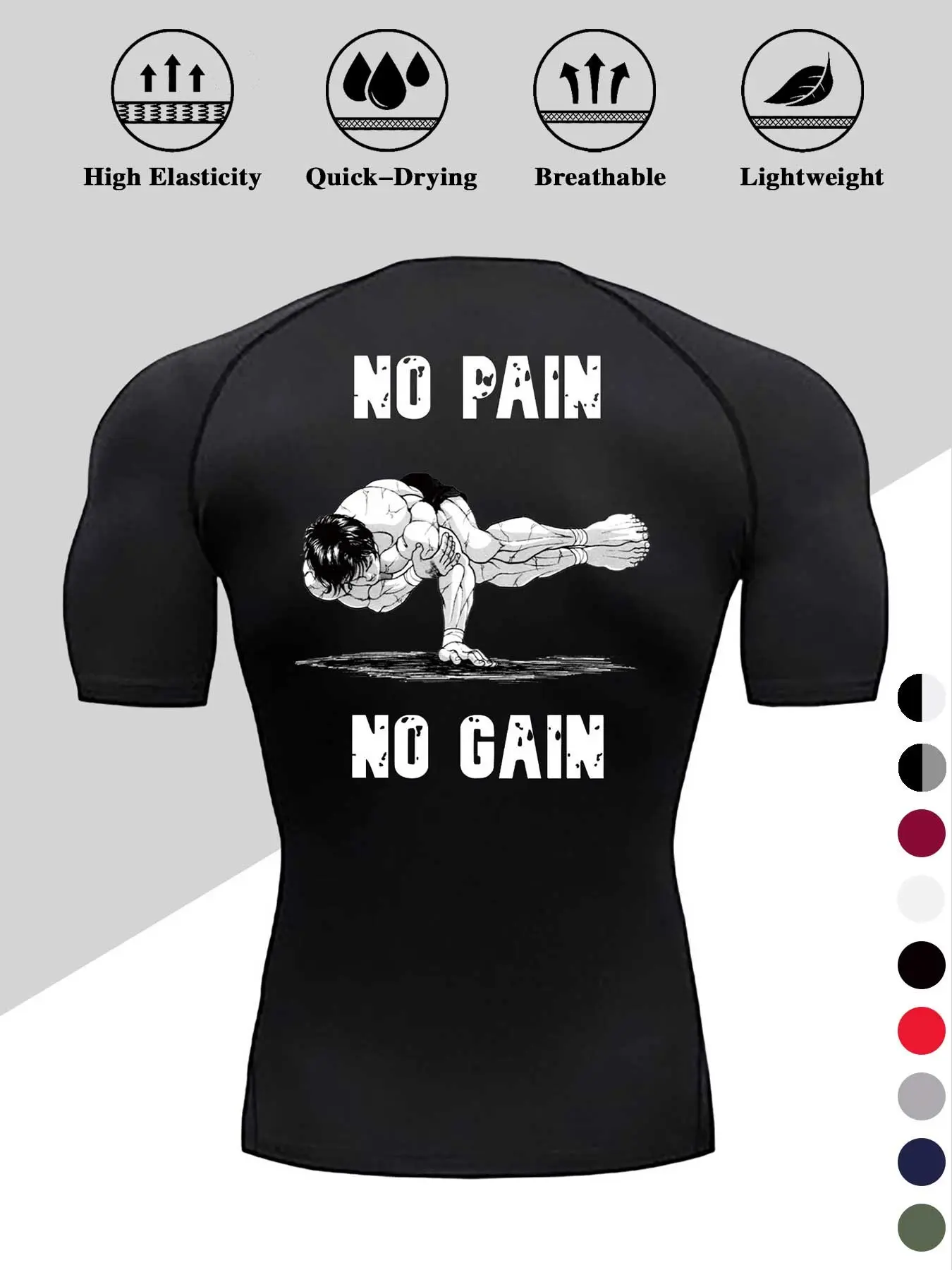 Men's "NO PAIN NO GAIN" Print Compression T-Shirt, Quick-Dry Breathable Stretch Fabric, Tight-Fitting Short Sleeve Top for Fitness and Outdoor Activities