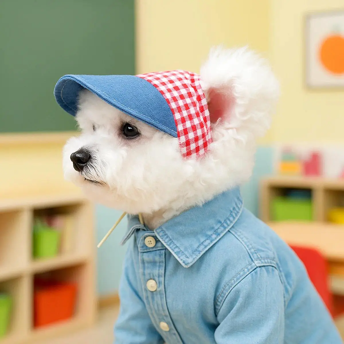 Pet Dog & Cat Adjustable Sun Protection Hat - Red Grid, Cute Fleece Fabric Accessory for Small Pet Outings, S, Hat Accessory, Adjustable Fit