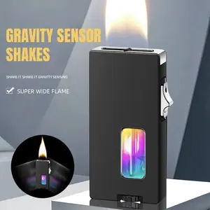 (butane gas)Graceful Black Windproof Lighter with Extra WideSoft Flame-Smart Shake lgnition, RechargeableZinc Alloy Electronic Lighter, Transparent Windowfor Candles and Aromatherapy-ldeal OutdoorCamping Gift for Men (Butane Gas Not included)
