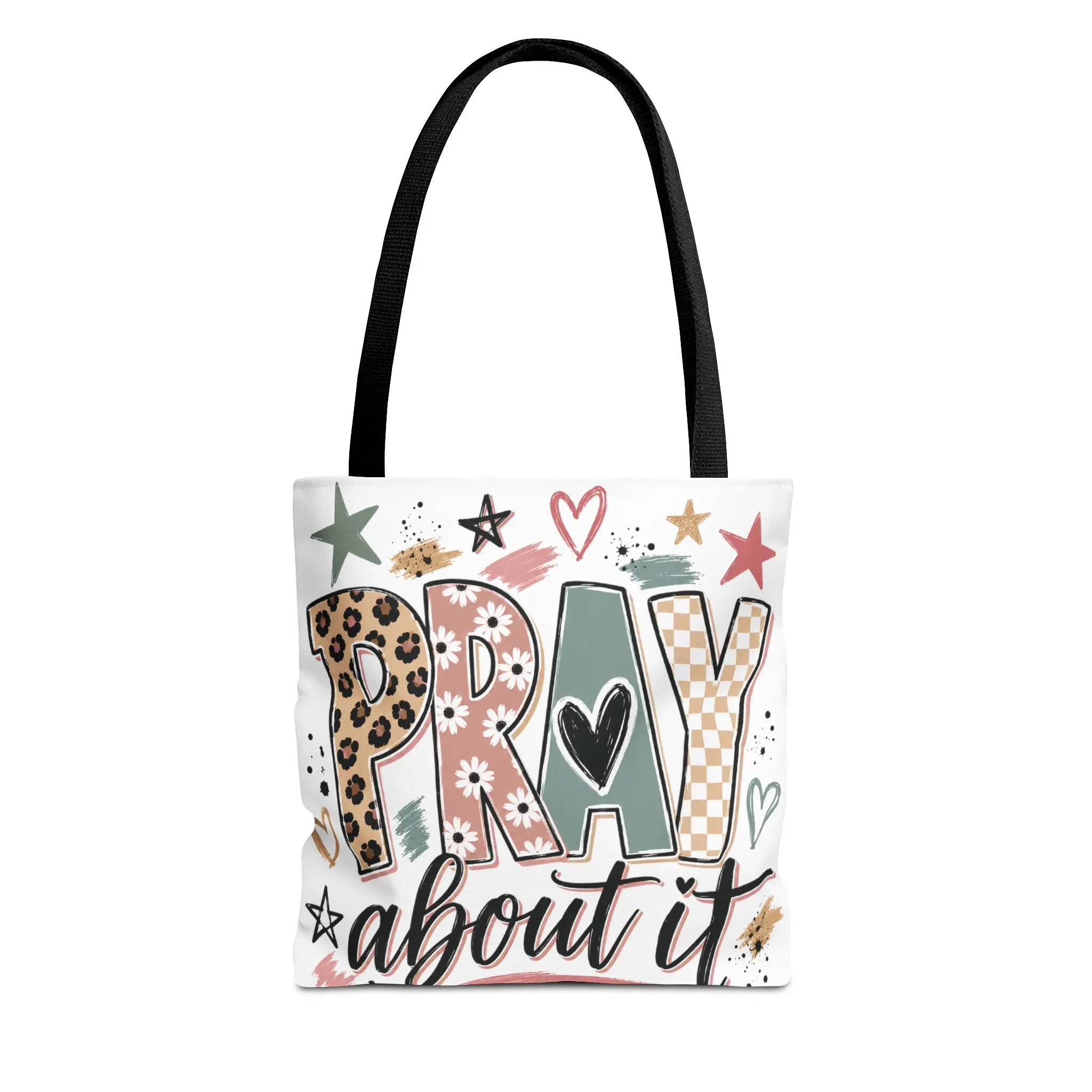 Pray About It Tote Bag | Faith Scripture Pattern, Leopard Lettering