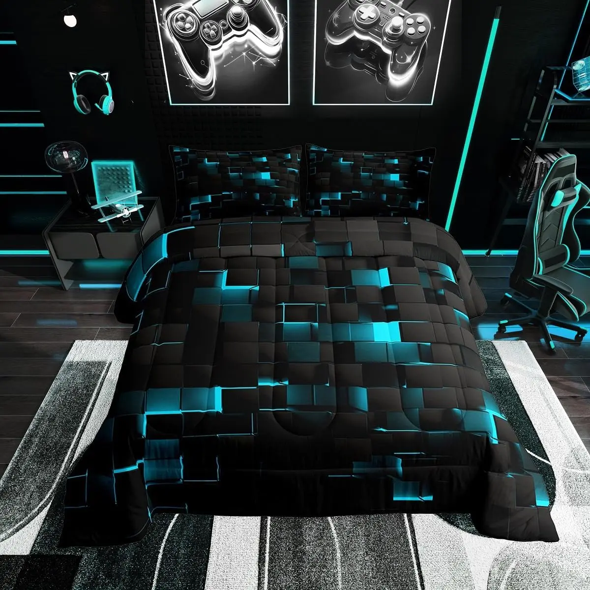 Feelyou Queen Size Bed Set - Lightweight Microfiber Comforter Set, Black Teal Square Plaid, Neon Turquoise Abstract 3D Grid Design for Boys' Bedroom Decor