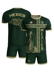 Mexico Soccer Jersey Gold Guadalupe Cross Design, Grit Son Sport Tee, Fitted Regular Length, All Seasons, Natural Waist