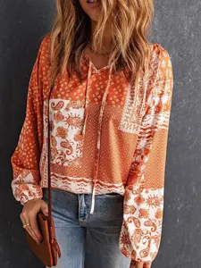 Boho Style V-Neck Loose-Fitting Casual Top, Women's Comfortable Daily Wear, Stylish and Relaxed Fit, Perfect for All Seasons