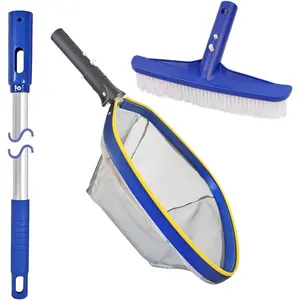 Swimming Pool Cleaning Kit, 14'' Brush  & 50'' Telescopic Aluminum Pole with Fine Mesh Skimmer Net -  for Above Ground Pools, Spas, Hot Tub Fountains Blue (PK0140)