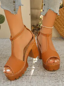 Women's Retro Thick Sole Sandals, Waterproof Platform Heels, Buckle T-Strap High Heel Shoes, Comfortable Daily Commute Footwear