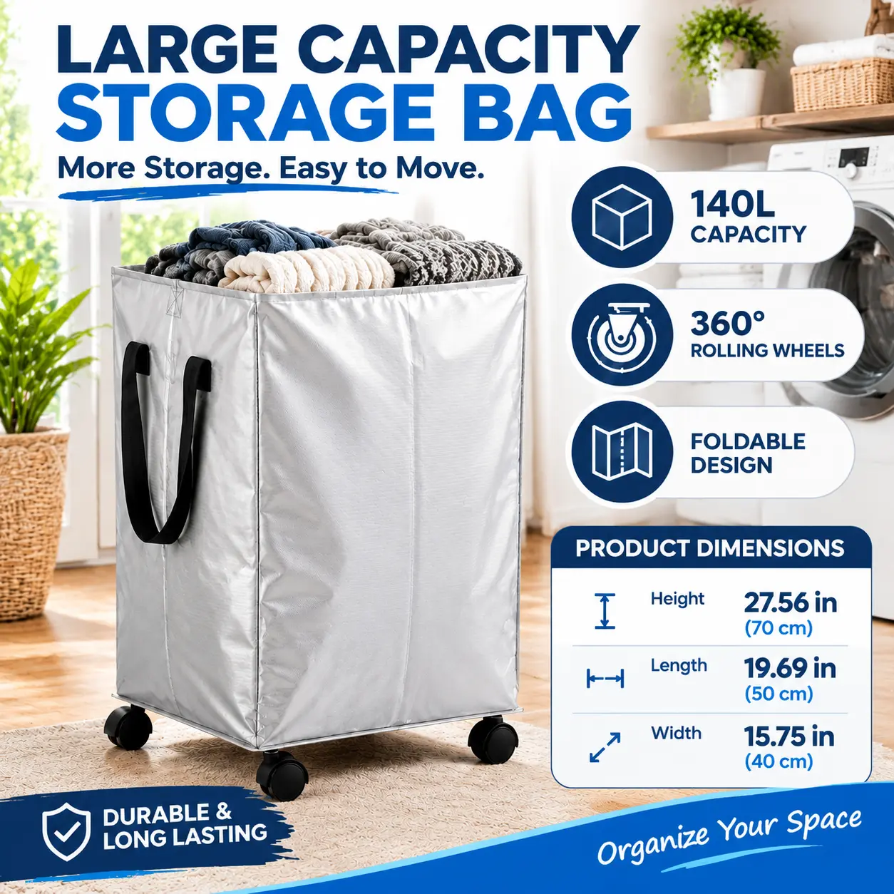 Extra Large Rolling Storage Bag with Wheels, Foldable Heavy Duty Zippered Storage Organizer, Large Capacity Clothes Storage Tote for Moving, Laundry, Shopping, Camping, Dorm and Home Organization