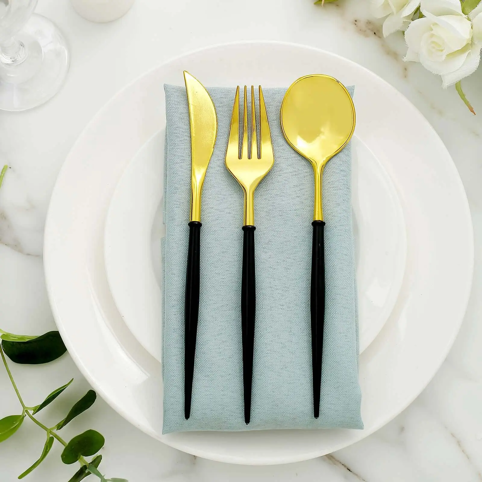 24-Pack Disposable Cutlery Set, 8" Gold Plastic Flatware with Black Handle - Modern Heavy Duty Tableware Sets, Modern Tableware Sets