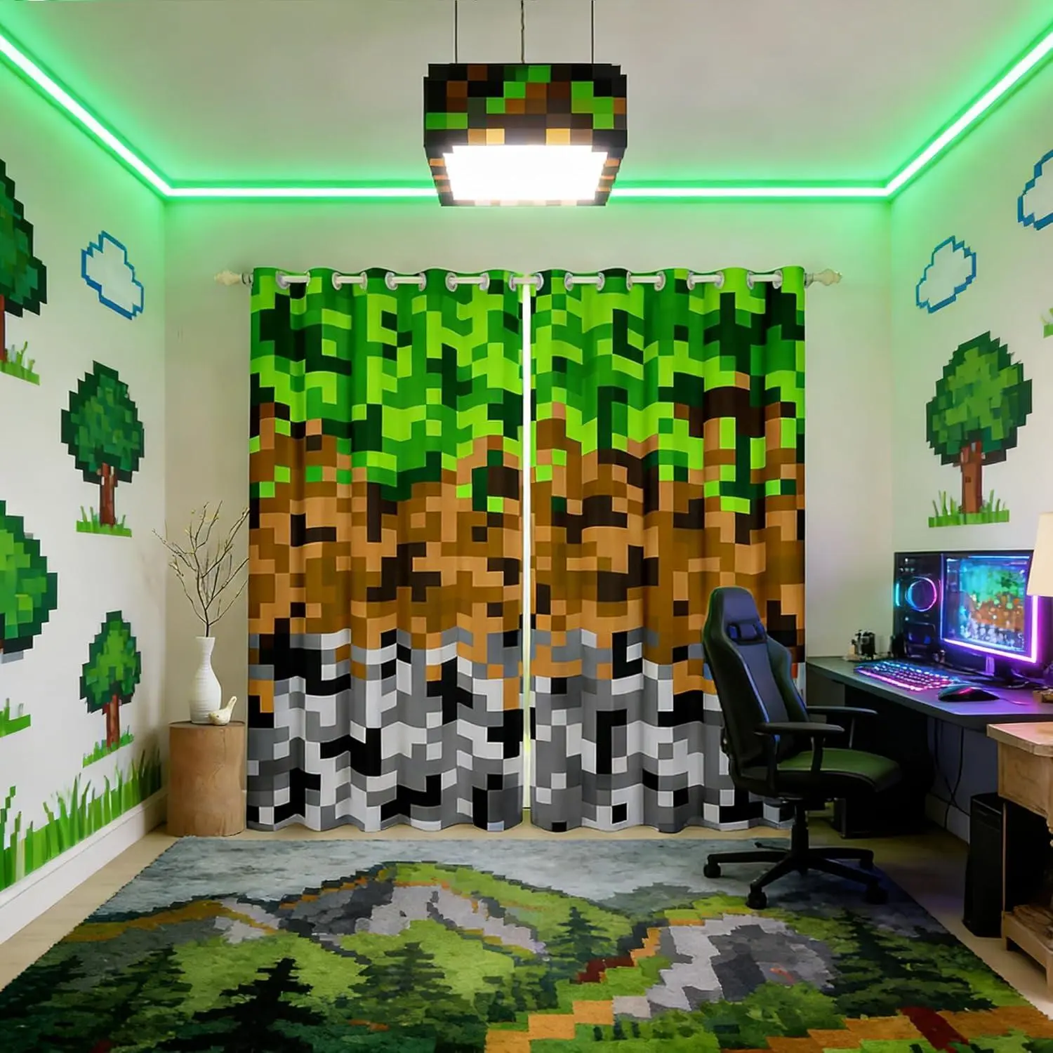 Miners ated Games Window Curtain,Green Brown Grey Plaid Blackout Window Treatment,Adult Geometric Block Bedroom Curtains Modern Video Games Living Room Decor Top 2 Panels