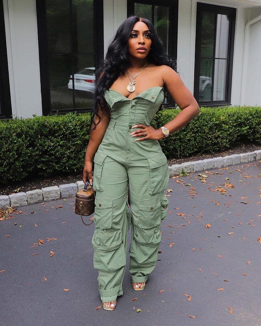Women's Sexy Off Shoulder Tube Denim Cargo Jumpsuits Wide Leg Baggy Loose Jean Pants Rompers Overalls