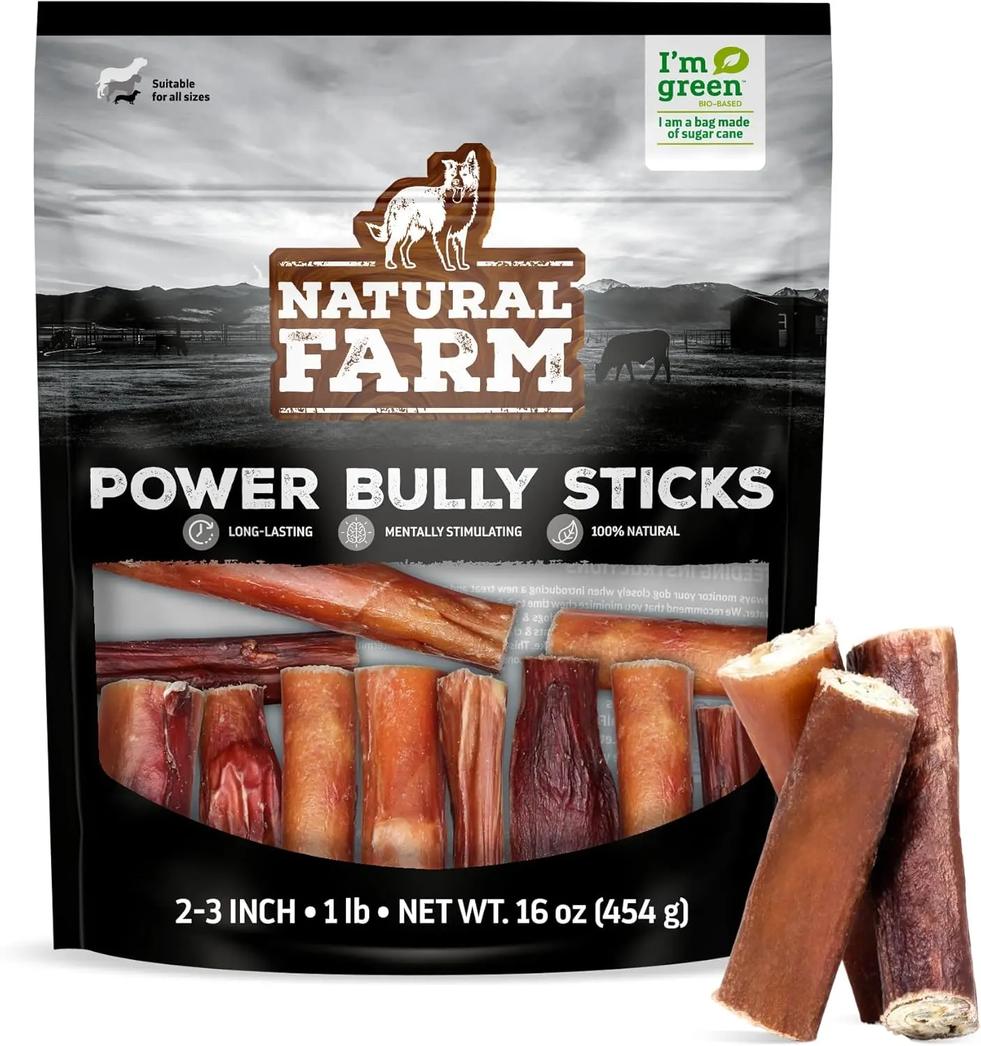 Natural Farm Power Bully Sticks 2-3 Inch Award-Winning Rawhide Alternative Long-Lasting Protein-Rich Treats for Dogs