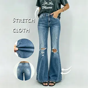 Mid Rise Distressed Ripped Flare Bootcut Jeans, Light Wash Bell Bottom Denim
