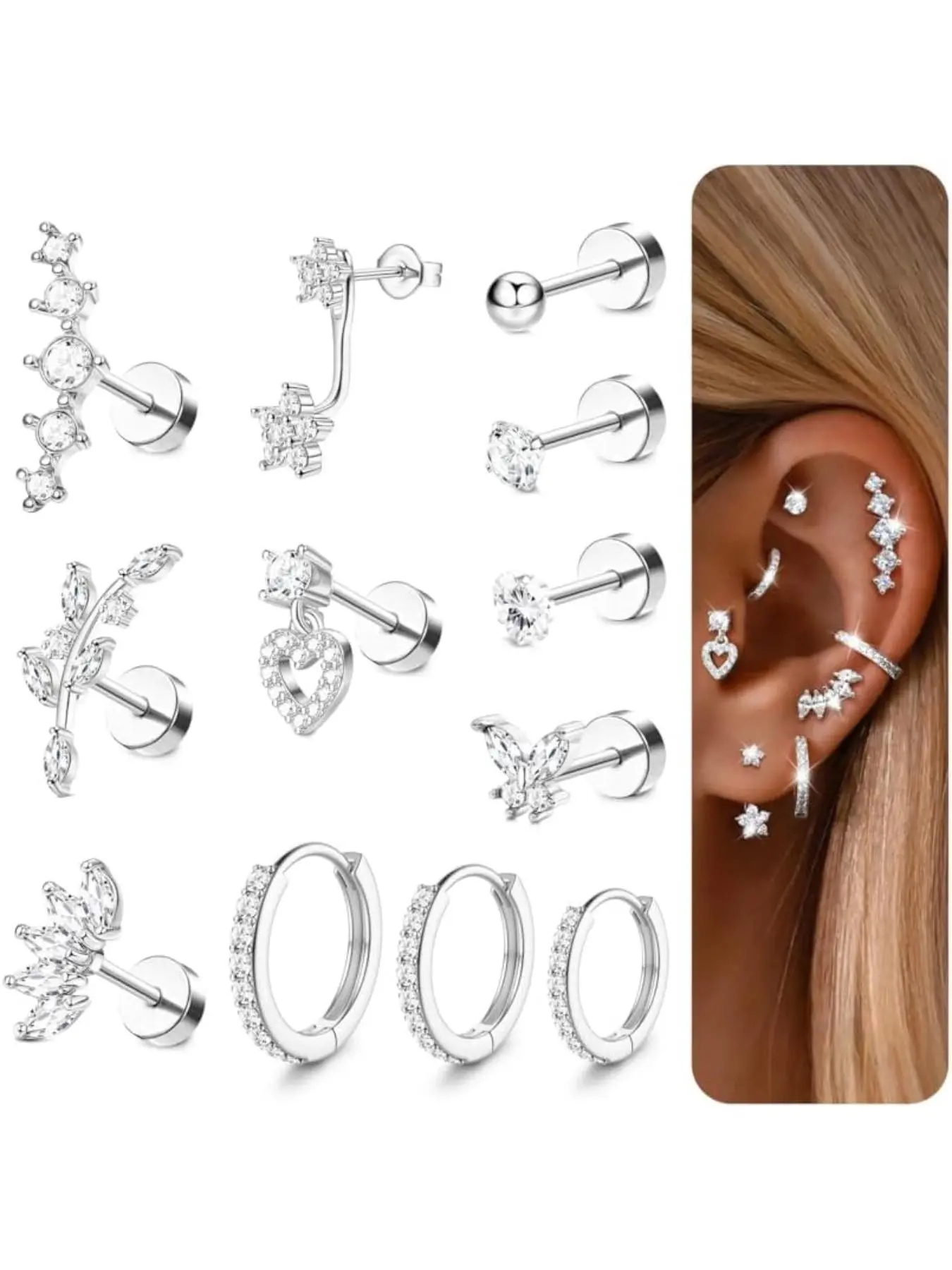 16 Gauge Cartilage Earrings for Women, 14k Gold Plated, Hypoallergenic Surgical Stainless Steel, Stud Hoop, Daith Conch Tragus Helix Piercing Jewelry, Earrings Set, Earrings Hoops, Hoop Shape Earrings