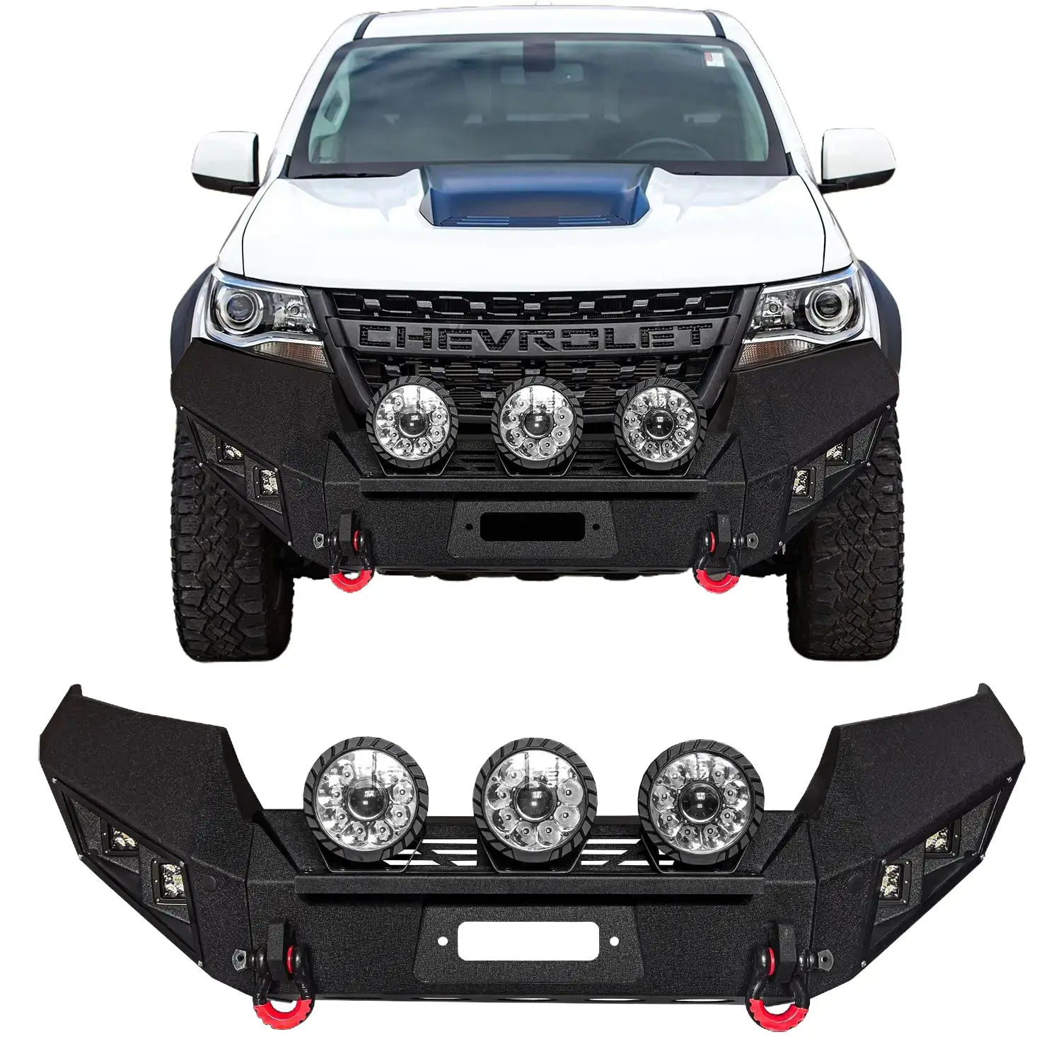 Vijay Black Textured Steel Front Bumper Crash Guard for 2015-2022 Chevrolet Colorado Vehicle - Includes Winch Plate, Round Lights, 2 x D-Rings, Durability and Strength, Off-Road Compatibility, Towing Load Securement, Simple Screw Installation, None