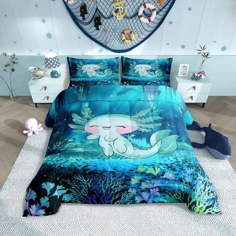 Feelyou Queen Size Soft Warm Bedding Set - 3D Cute Axolotl Ocean Animal Quilt, Quilt Cover, Gentle Soft Breathable Blanket with Blue Seaweed Plant Design for Kids, Gentle Soft Blanket
