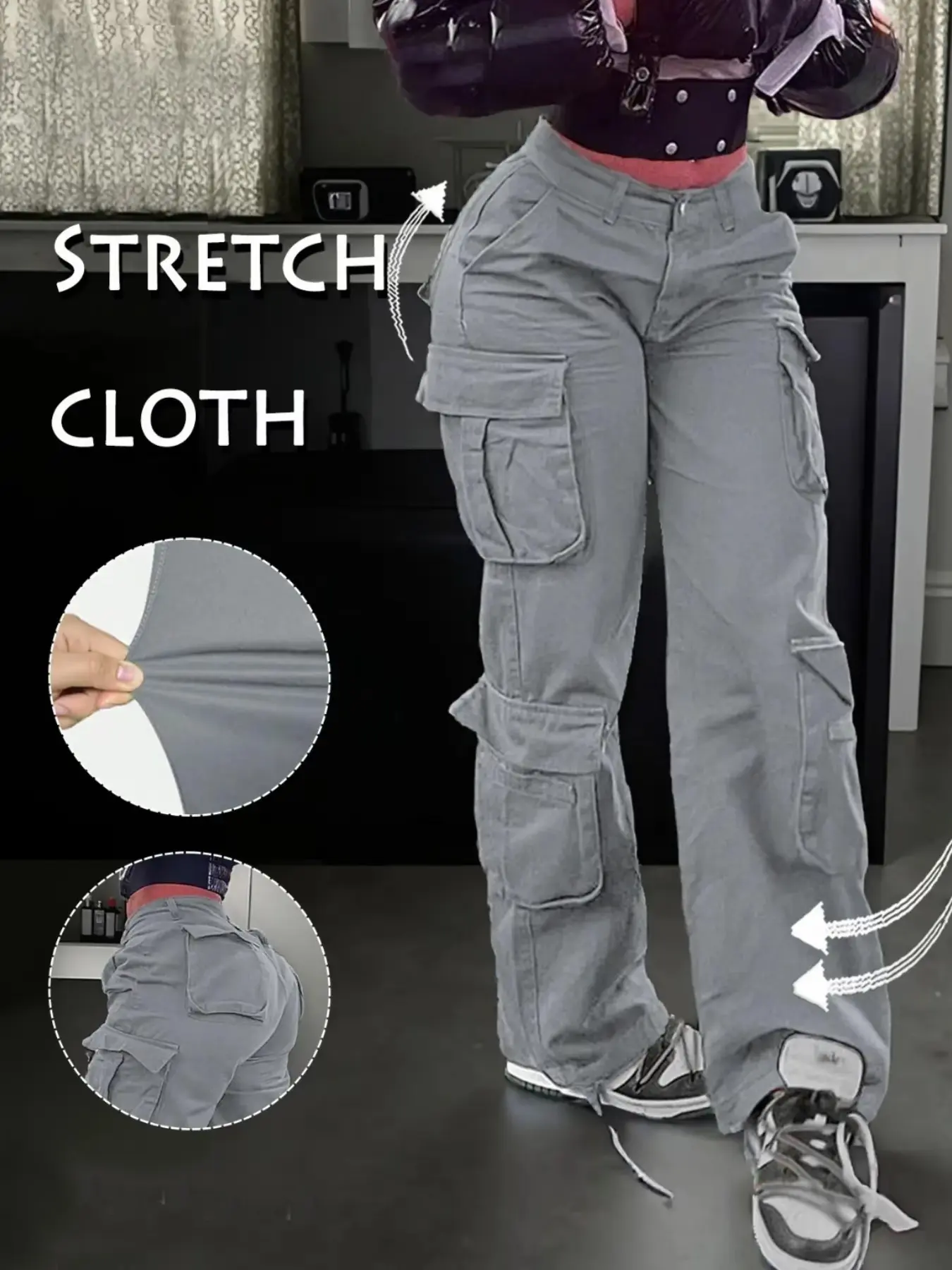 Women's Y2K Vintage High-Waisted Drawstring Cargo Pants with Button, Multi-Pocket Long Denim Jeans, Baggy Straight Leg Loose Fit, Casual Streetwear Fashion Style Trouser Womenswear