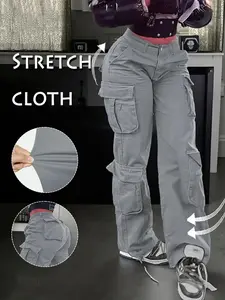 Women's Y2K High-Waisted Drawstring Cargo Pants with Button, Multi-Pocket Long Denim Jeans, Straight Leg Loose Fit, Casual Streetwear Fashion Style Trouser