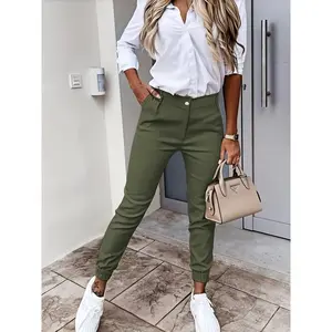 [Solid Color Slant Pockets Pants] Casual Solid Color Slant Pockets Pants - Women's Slim Button Pants For Every Day Womenswear Bottom