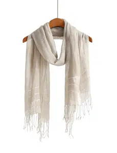 Jeelow Pure Linen Neutral Scarf - Breathable & Lightweight, Versatile Boho-Chic Style, Tassel Trim, Unisex, Ideal for All Seasons & Occasions
