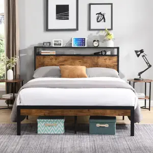 Twin Full Queen King Size Metal Platform Bed Frame with Wooden Headboard and Footboard with USB LINER, No Box Spring Needed, Large Under Bed Storage, Easy Assemble
