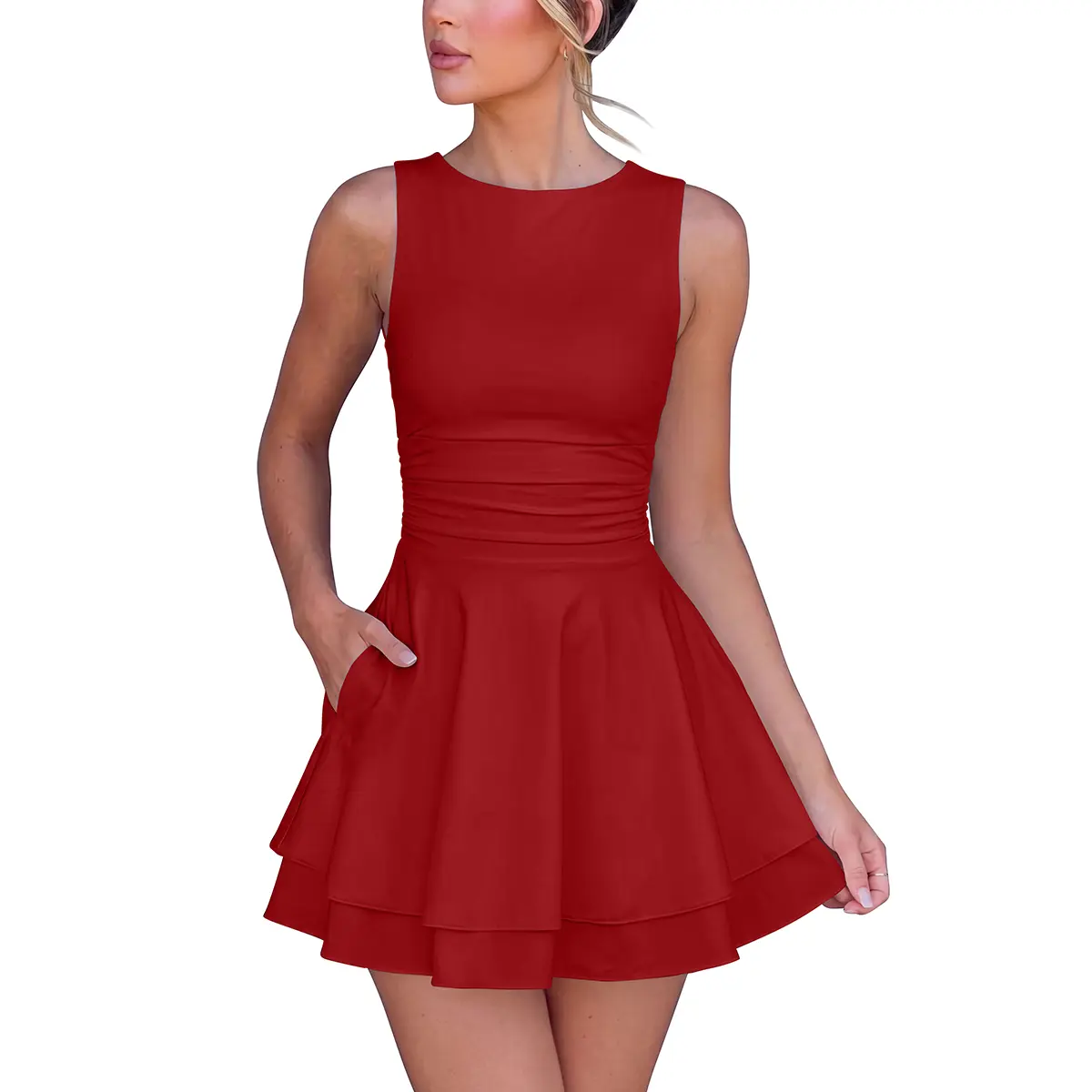 OYV Women's Sleeveless Crew Neck Mini Dress Ruched Waist Double Layer Skater Short Dresses with Pockets Summer Cocktail Party Club Outfits