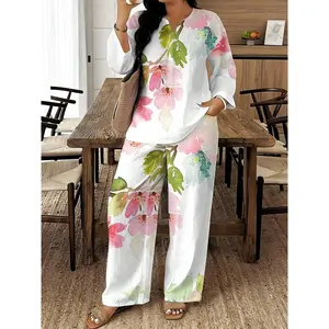 Ciel Fashion Mature Women Plus Size Notch Collar Three-Quarter Sleeve Top Wide Leg Pants Two-Piece Set Watercolor Pink Flower Print Loose Breathable Set Comfortable Versatile Outfit For Spring Summer Travel And Home Wear
