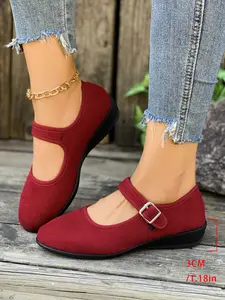 Women's Ballet Flats with Adjustable Elastic Band, Comfortable Round Toe Mary Jane Shoes, Casual Textile Rubber Sole Footwear