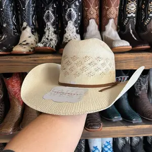 Minnick Men's Cowboy Straw Hat with Diamond Pattern 4 1/4 Brim Size Classic Design for Versatile Occasions