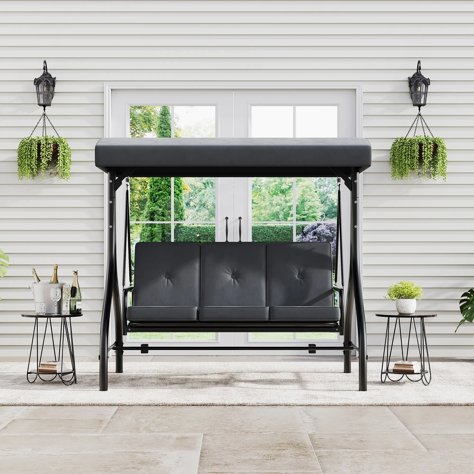 3-Seat Outdoor Patio Swing Chair with Adjustable Canopy & Reclining Backrest – Heavy Duty Metal Frame – Thick Removable Cushions – Weather-Resistant – For Backyard, Garden, Porch, Poolside – 750 lbs Capacity – Black, Sunshade Canopy, Bed‑Mode Lounging, Ad