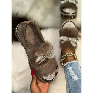 Women’s rhinestone-decorated thick-soled slip-on casual shoes, faux fur lined warm flannel boots, round toe party style for fall/winter