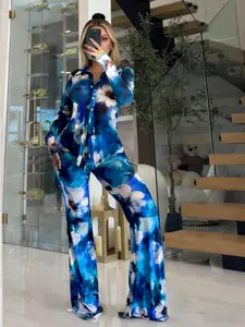 Elegant Slimming Fitted Perfume Scent Cardigan Long Sleeves Set for Women, Printed Mesh Collar + High Waist Bell Pants, Instant Straight Shoulder Long Legs
