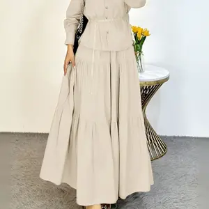 Women's Solid Color Set, Button Front Long Sleeve Blouse + High Waist Layered Skirt, Casual Loose Fit, All Seasons