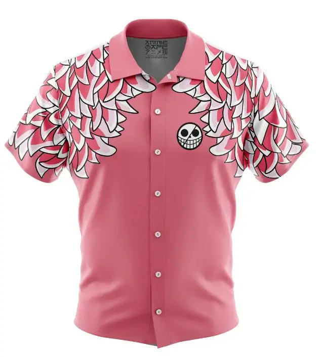 Doflamingo Anime Button-Up Shirt, Tropical Pirate Piece Print, Summer Fit for Manga Lovers & Cosplay-Inspired Looks
