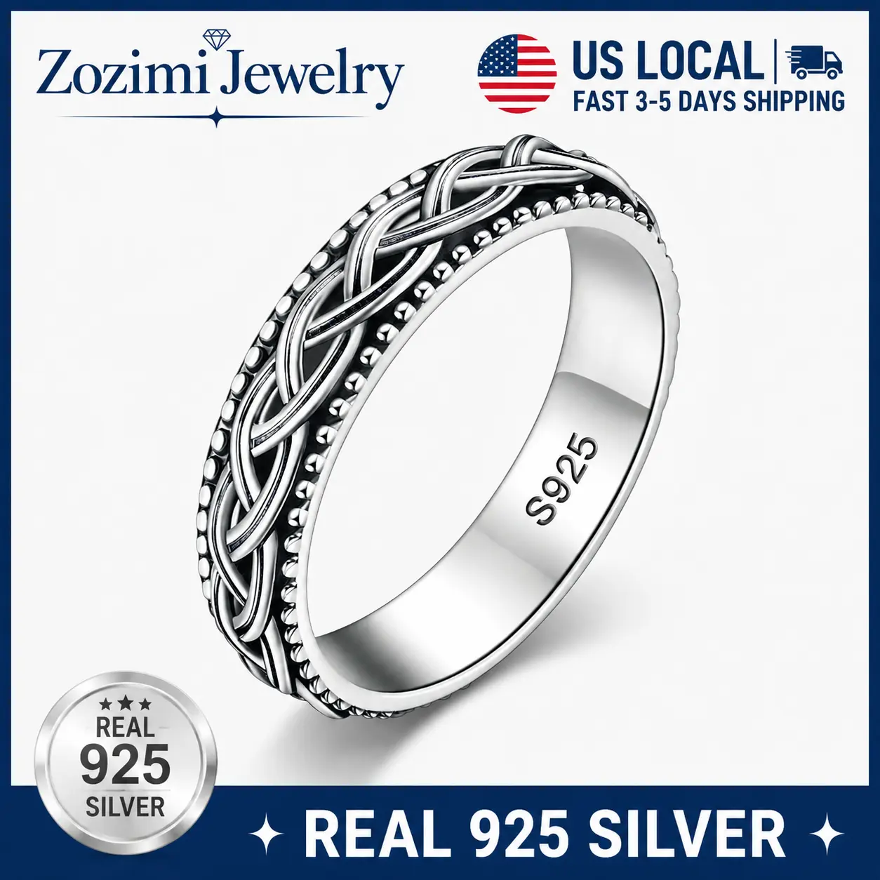 S925 Sterling Silver Oxidized Braided Celtic Knot Milgrain Edge Stackable Wedding Promise Ring Unisex Vintage Irish Lucky Eternity Band Hypoallergenic Couple Jewelry Anniversary St Patrick’s Day Valentine Gift For Him Her