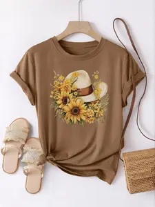 【Plus Size】 Sunflower & Cowboy Hat Floral Print Round Neck Tee, Casual Short Sleeve T-shirt for Summer, Women's Plus Clothing for Daily Wear, Top