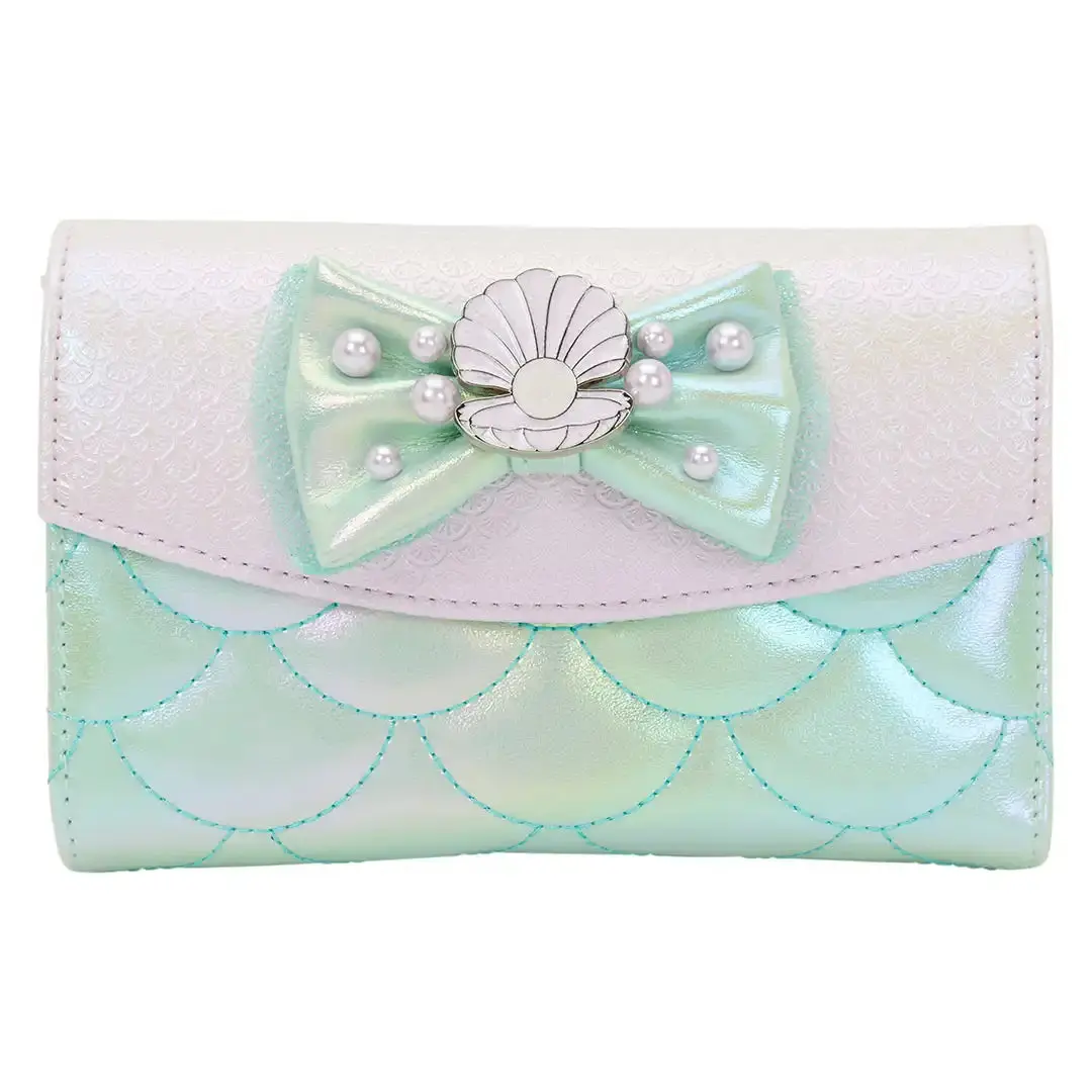 Loungefly Disney The Little Mermaid Iridescent Pearl Flap Wallet, Bow Decorated Wallets, Wallet Purse